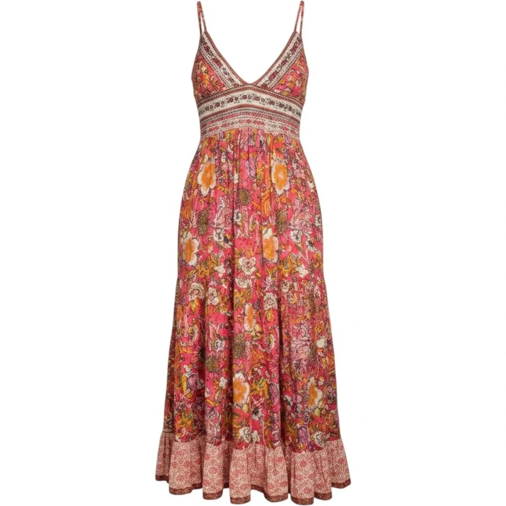 Free People Pink Floral Smocked Halter Maxi Dress Boho Tassel Tiered Size S